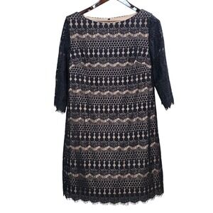 Grayson Black Tan Crochet Lace Shift Dress Size 16 Boat Neck 3/4 Sleeve Eyelash